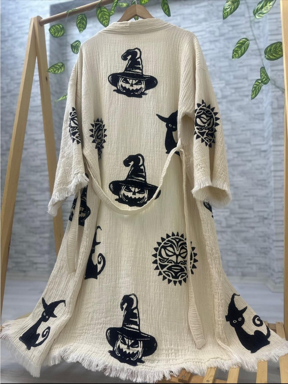 thelesbohemes Organic Cotton Halloween Kimono Robe Witch Pumpkin Cat OS